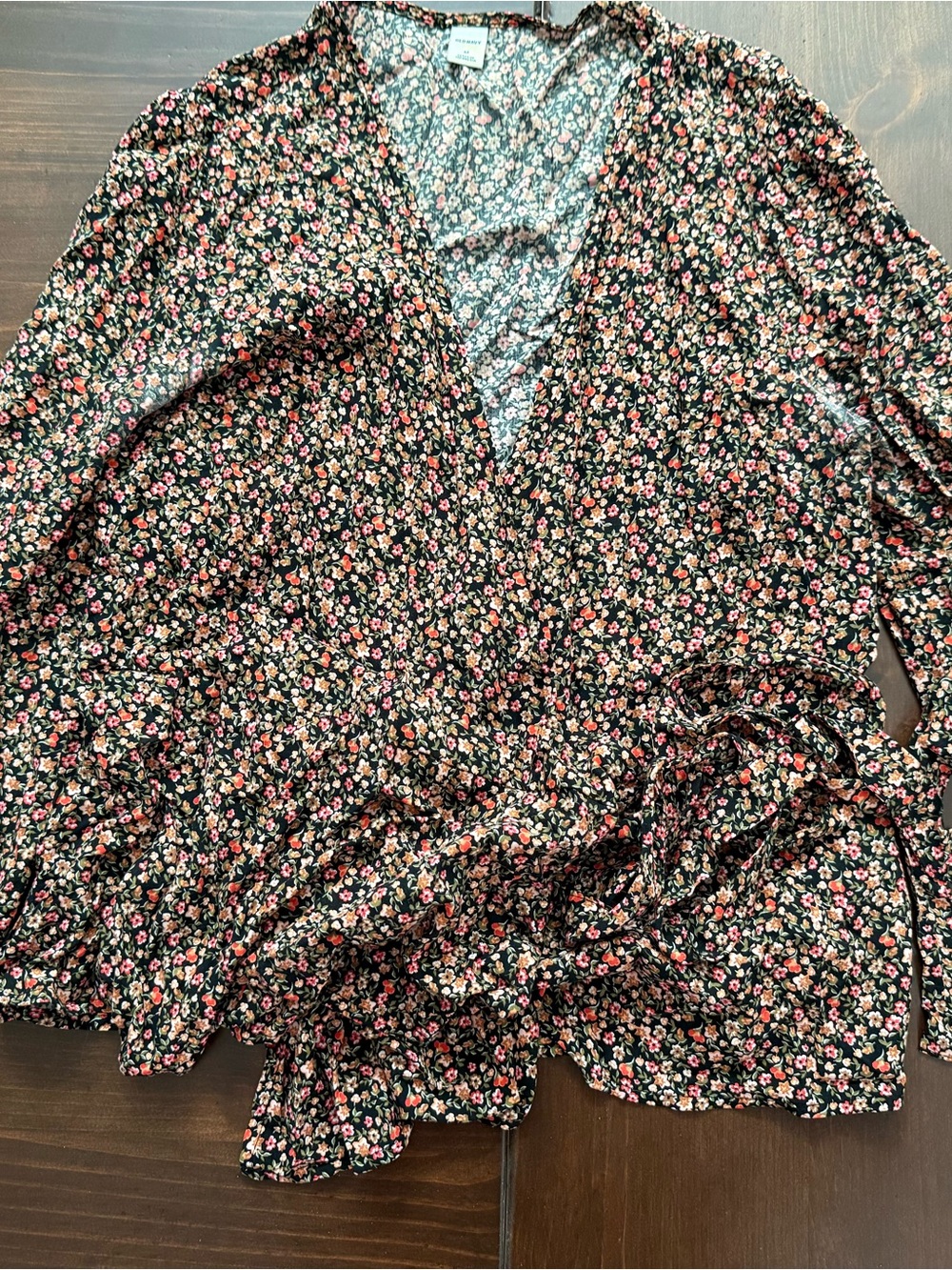 Old Navy Black Floral Wrap Top with Pink & Cream Blooms
